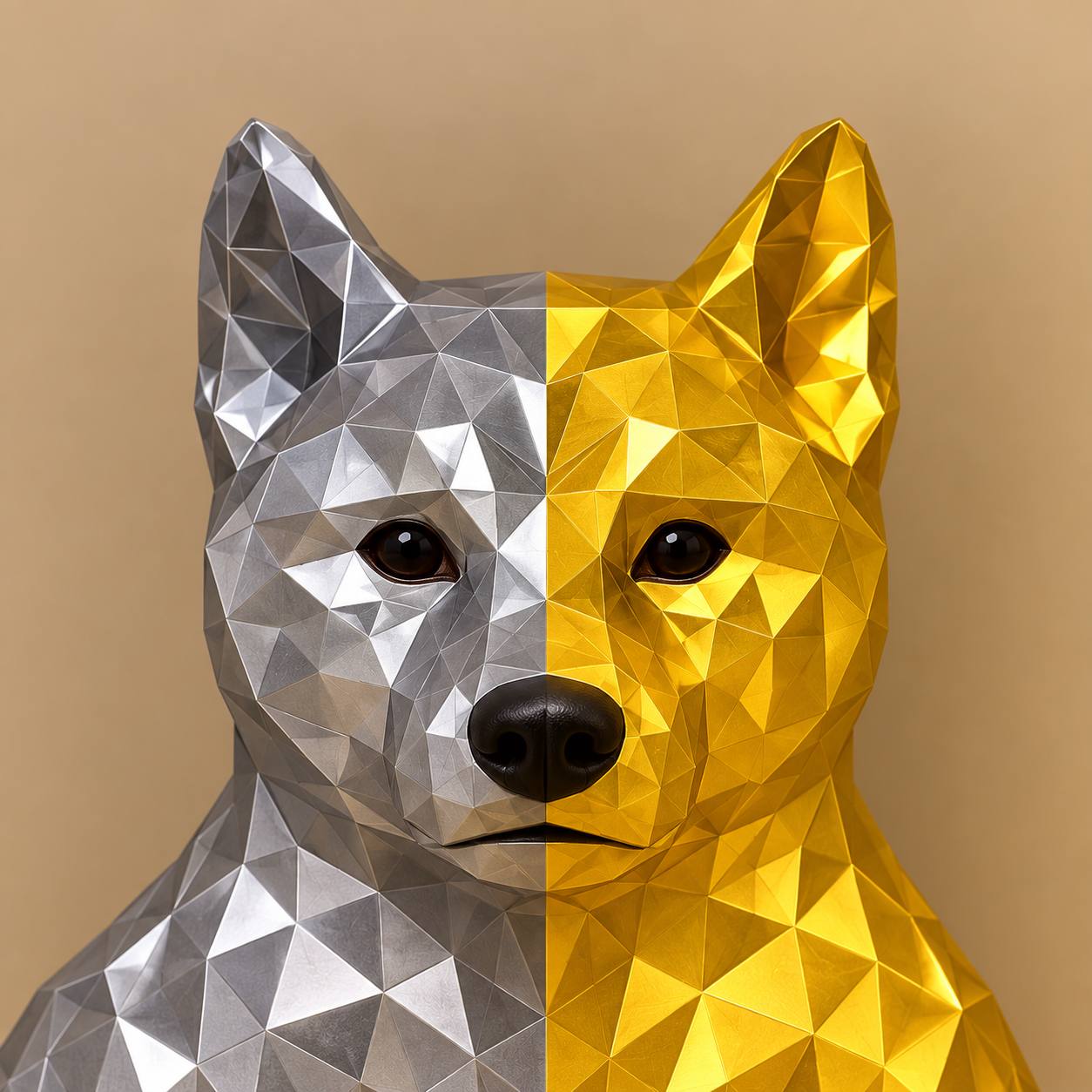 Low-poly Shiba Inu, left half silver indium, right half gold uranium